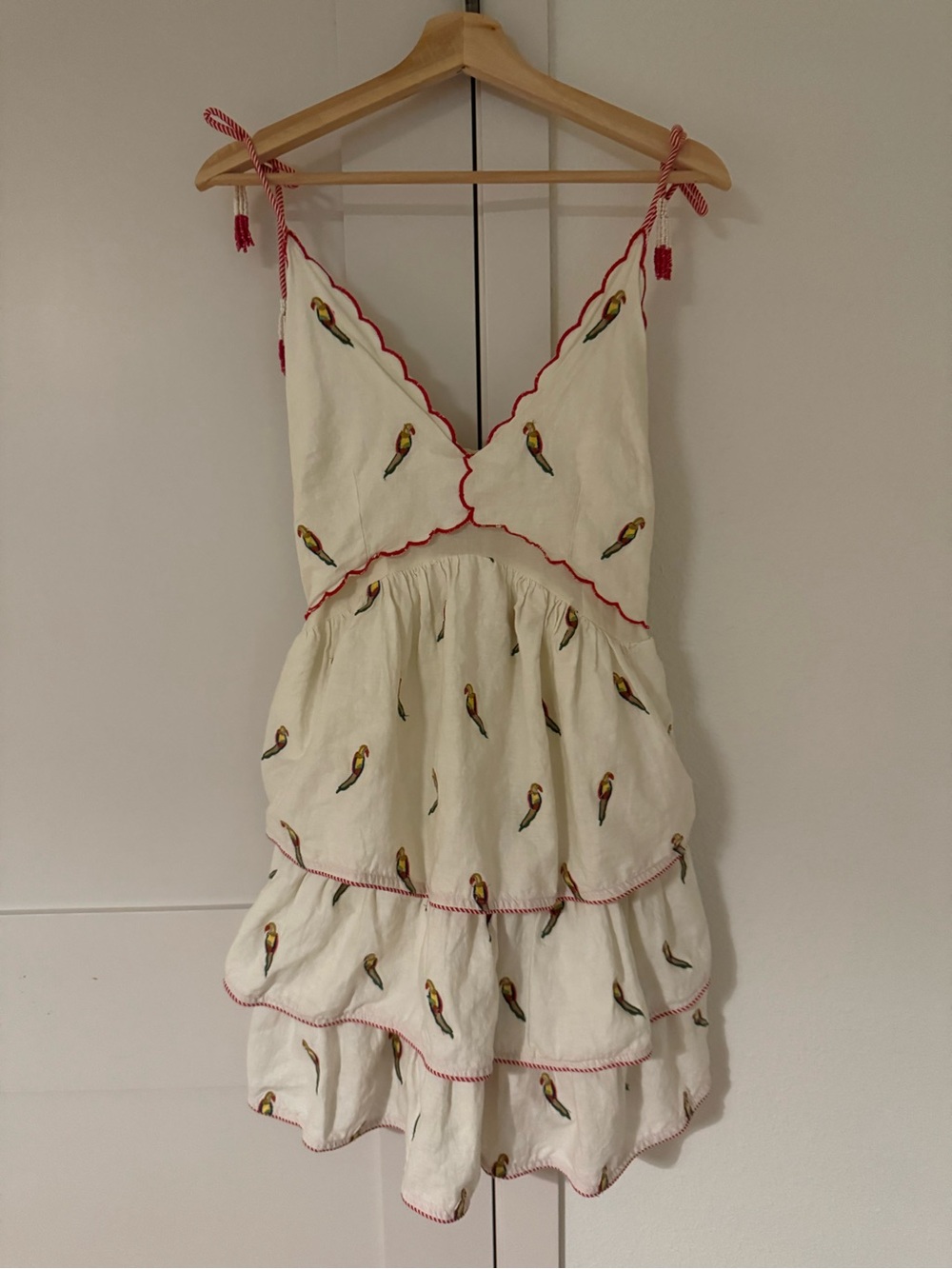 FARM RIO x Anthropologie Cream Mini Dress with Parrot Embroidery and Red Trim